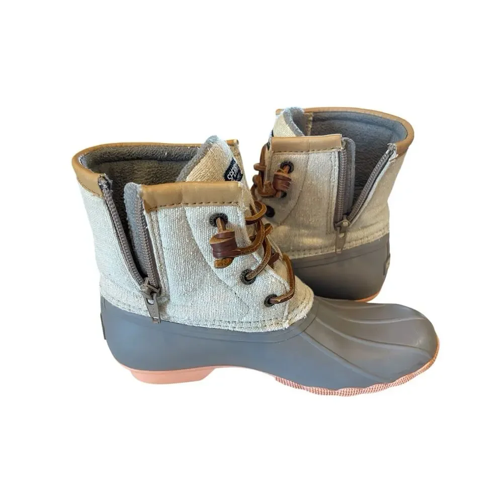 Sperry Top-Sider Kids Duck Boots Size 3M Gray Rubber Beige Canvas Side Zip